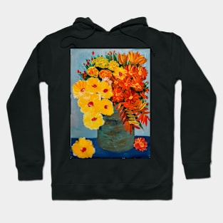 Some abstract flowers in a turquoise vase set against a blue background Hoodie